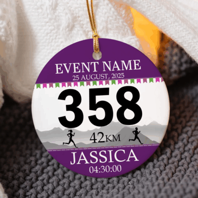Benicee Shop 21 Personalized race bib Christmas ornament with custom bib number and runner’s name