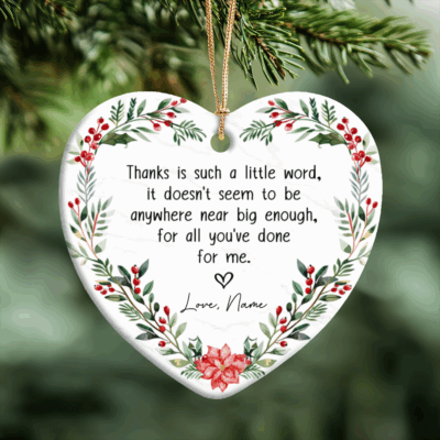 Personalized Thank You Ornament featuring custom name and year, holiday ceramic keepsake gift, appreciation ornament for teacher, mentor, coworker, or friend.