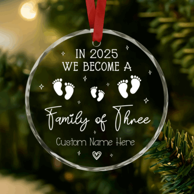 Personalized Family of Three Christmas Ornament with custom names and year, glass keepsake for new parents, Baby’s First Christmas ornament gift.
