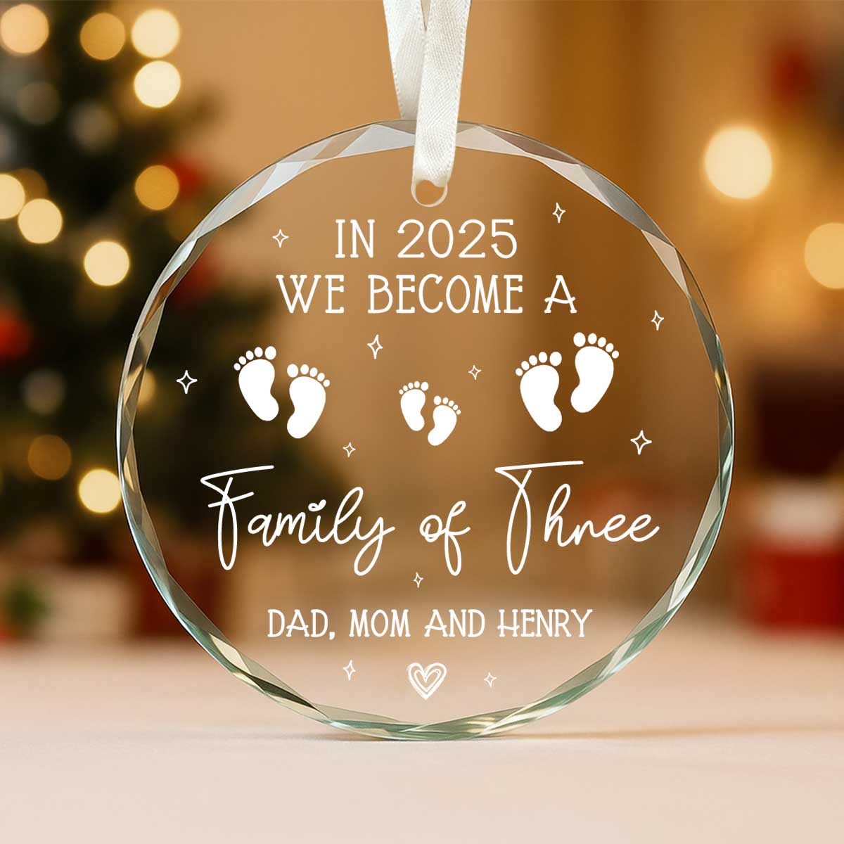 Personalized Family of Three Ornament – Custom Glass Keepsake for New Parents, Baby's First Christmas Gift 1 Personalized Family of Three Christmas Ornament with custom names and year, glass keepsake for new parents, Baby’s First Christmas ornament gift.