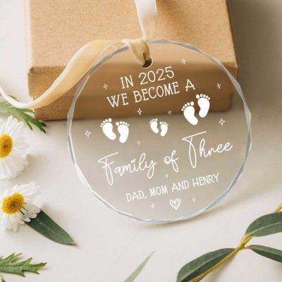 Benicee Shop 29 Personalized Family of Three Christmas Ornament with custom names and year, glass keepsake for new parents, Baby’s First Christmas ornament gift.
