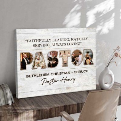 Personalized Pastor appreciation photo collage canvas with personalized pictures and name, Christian thank you gift for pastor or church leader.