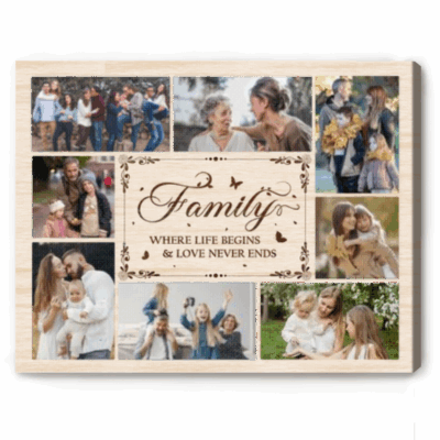 Personalized family photo collage canvas with custom pictures, family wall art gift for parents or whole family.