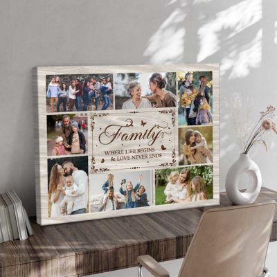 Personalized family photo collage canvas with custom pictures, family wall art gift for parents or whole family.