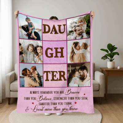 Personalized daughter photo blanket with custom pictures and name, sentimental fleece gift from mom and dad.