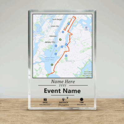 Personalized Marathon Completion Map Plaque displaying custom running route, runner’s name, race details, and finishing time on acrylic plaque — marathon finisher gift and running keepsake.