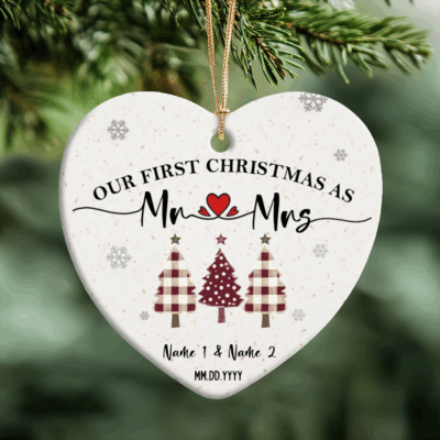 First Christmas Together Ornament - Wedding Gift for New Couple with couple’s names, wedding date, and Christmas tree design. Romantic gift for newlyweds, wedding keepsake, or first Christmas together decoration.