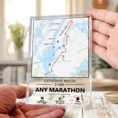 Personalized Marathon Completion Map Plaque displaying custom running route, runner’s name, race details, and finishing time on acrylic plaque — marathon finisher gift and running keepsake.