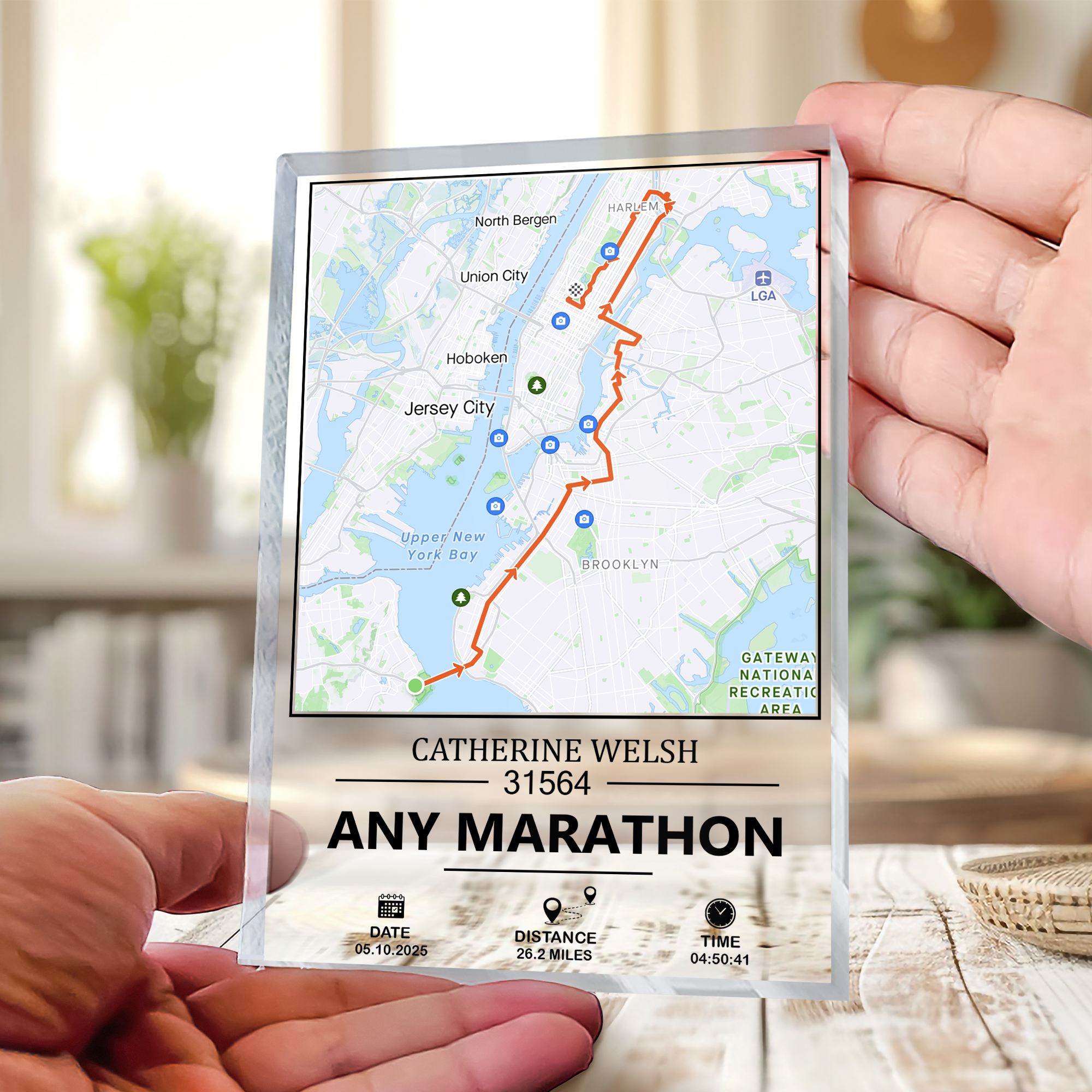 Personalized Marathon Completion Map Plaque displaying custom running route, runner’s name, race details, and finishing time on acrylic plaque — marathon finisher gift and running keepsake.