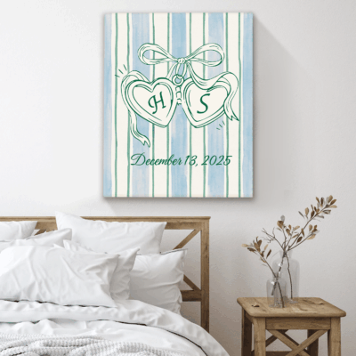 Personalized Couples Initial Canvas featuring custom couple initials, names, and date – romantic Valentine’s Day and anniversary wall art for above bed décor.