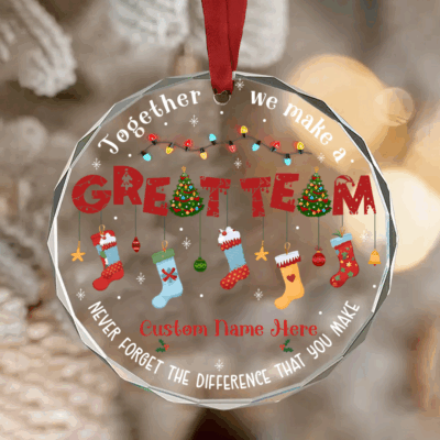 Personalized Great Team Christmas Ornament with custom names – holiday gift for coworkers, employees, and staff appreciation in work team glass ornament style.