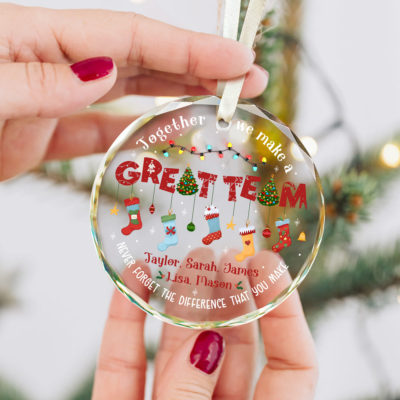 Personalized Great Team Christmas Ornament with custom names – holiday gift for coworkers, employees, and staff appreciation in work team glass ornament style.