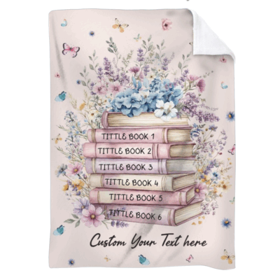 Personalized floral book blanket with custom book titles and name – cozy library blanket for book lovers and bookish reader birthday décor.
