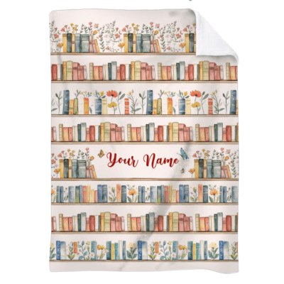 Personalized book lover blanket with custom name and floral bookshelf design – cozy fleece reading gift for girls and women.