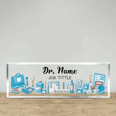 Personalized dental name plate with custom dentist name and title – professional desk décor for dentists, orthodontists, and medical graduation gifts.