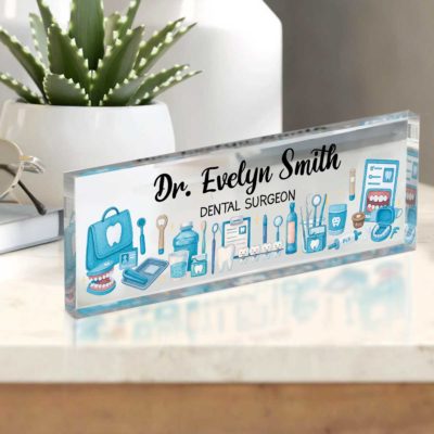 Personalized dental name plate with custom dentist name and title – professional desk décor for dentists, orthodontists, and medical graduation gifts.