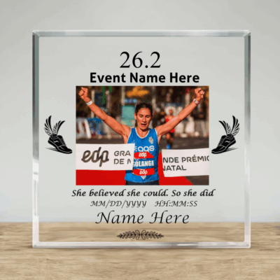 Personalized marathon picture plaque with custom race photo, name, and time – finisher keepsake and runner achievement gift for marathon events.