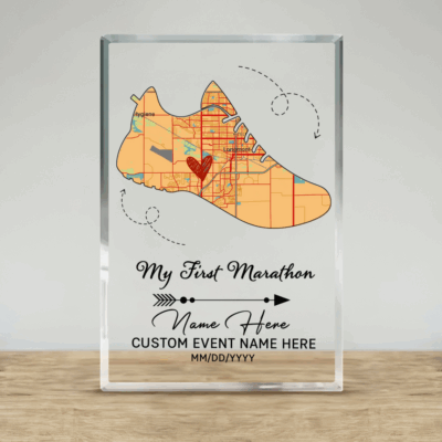 Personalized marathon map acrylic plaque with custom race route, name, and details – first marathon keepsake and marathon finisher gift.