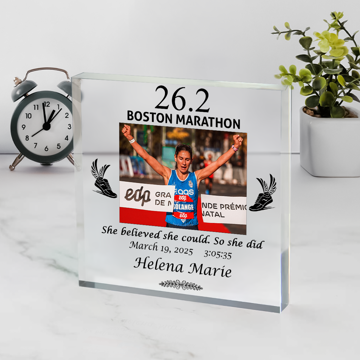 Personalized Marathon Picture Plaque – Marathon Finisher Keepsake, Distance Runner Gift, Runner Achievement Gift, New York Marathon Gift 1 Personalized marathon picture plaque with custom race photo, name, and time – finisher keepsake and runner achievement gift for marathon events.