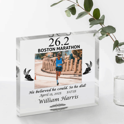 Personalized marathon picture plaque with custom race photo, name, and time – finisher keepsake and runner achievement gift for marathon events.