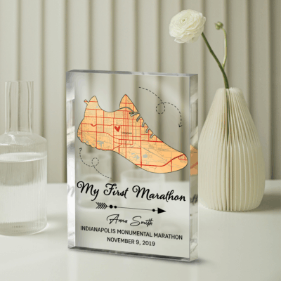 Personalized marathon map acrylic plaque with custom race route, name, and details – first marathon keepsake and marathon finisher gift.