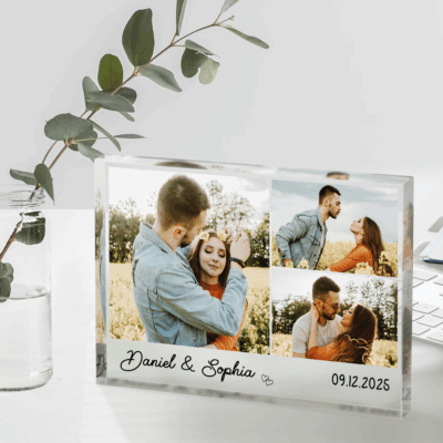 Personalized couple photo acrylic plaque with custom names and special date – romantic anniversary or Valentine’s keepsake gift.