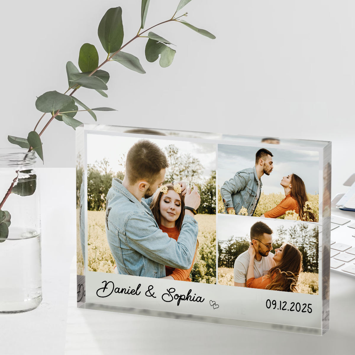 Personalized couple photo acrylic plaque with custom names and special date – romantic anniversary or Valentine’s keepsake gift.