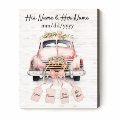 Personalized wedding car canvas with custom couple names and wedding date – just married gift and romantic bride and groom wall art.