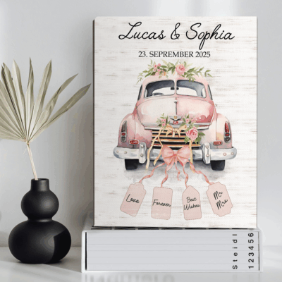 Personalized wedding car canvas with custom couple names and wedding date – just married gift and romantic bride and groom wall art.
