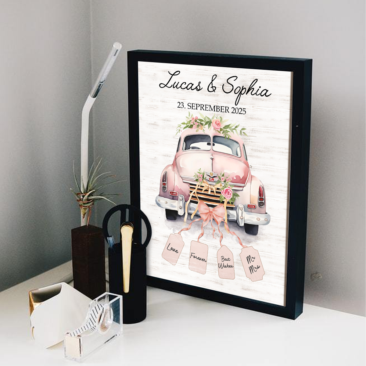 Personalized Wedding Car Canvas – Custom Couple Names & Date, Just Married Gift, Romantic Wedding Gift, Bride and Groom Gift 1 Personalized wedding car canvas with custom couple names and wedding date – just married gift and romantic bride and groom wall art.