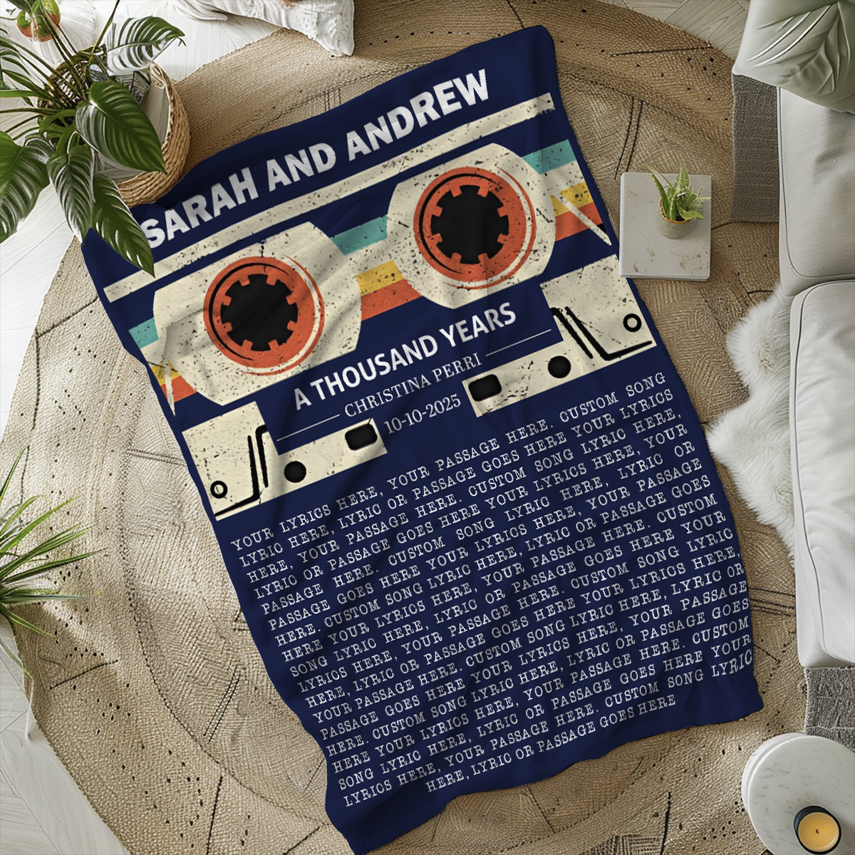 Personalized song lyric blanket with custom cassette tape design, names, and date – romantic anniversary, wedding, or Valentine’s Day gift.