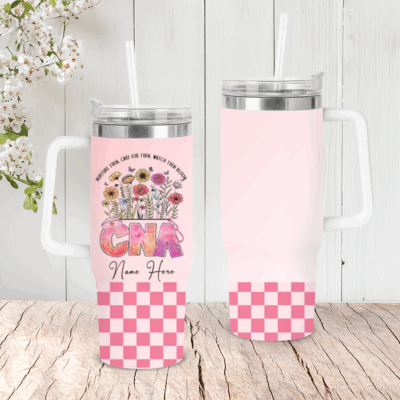 Personalized CNA tumbler with handle featuring custom name – CNA nurse appreciation cup and Nurses Week gift for Certified Nursing Assistant.