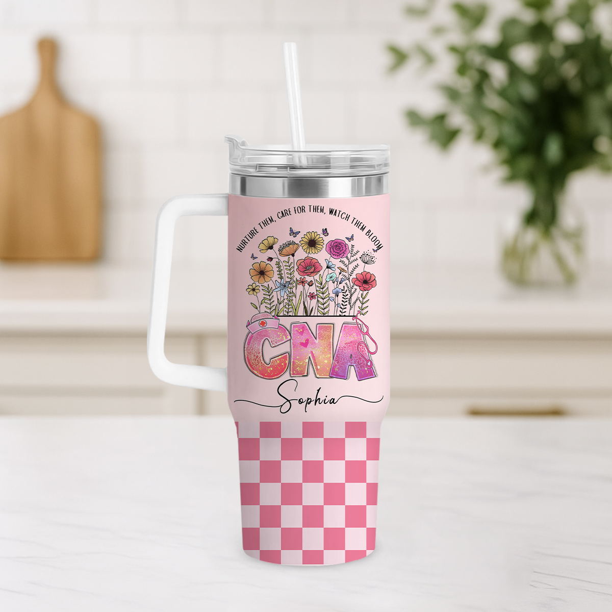 Personalized CNA tumbler with handle featuring custom name – CNA nurse appreciation cup and Nurses Week gift for Certified Nursing Assistant.