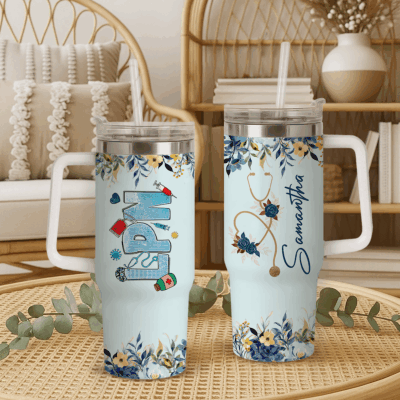 Personalized LPN tumbler with handle featuring custom name – nurse appreciation cup and LPN gifts for women.
