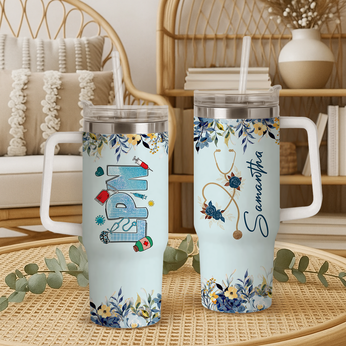 Personalized LPN tumbler with handle featuring custom name – nurse appreciation cup and LPN gifts for women.