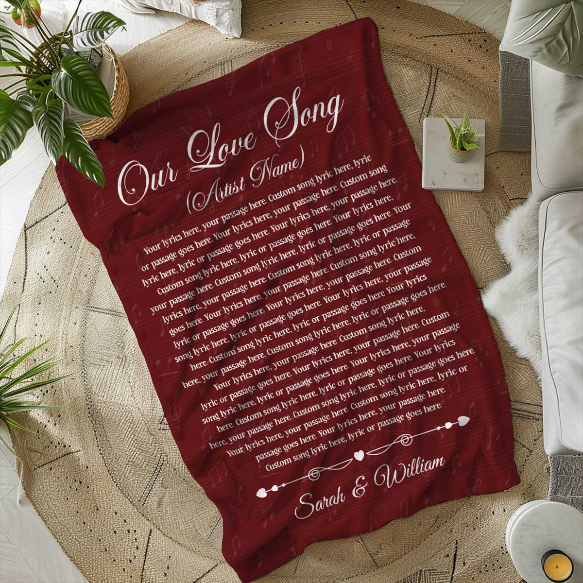 Personalized poem or song lyric blanket with custom text – romantic love letter blanket and Valentine’s Day gift for couples.