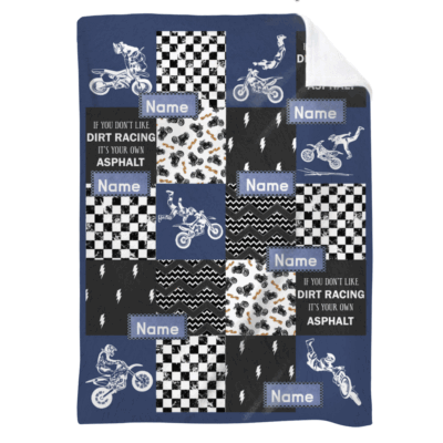 Personalized dirt bike racing blanket with custom name – motocross blanket for men and dirt bike room décor gift.
