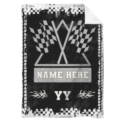 Personalized racing blanket with custom name and checkered flag design – racing gift for boys, dad, or boyfriend.