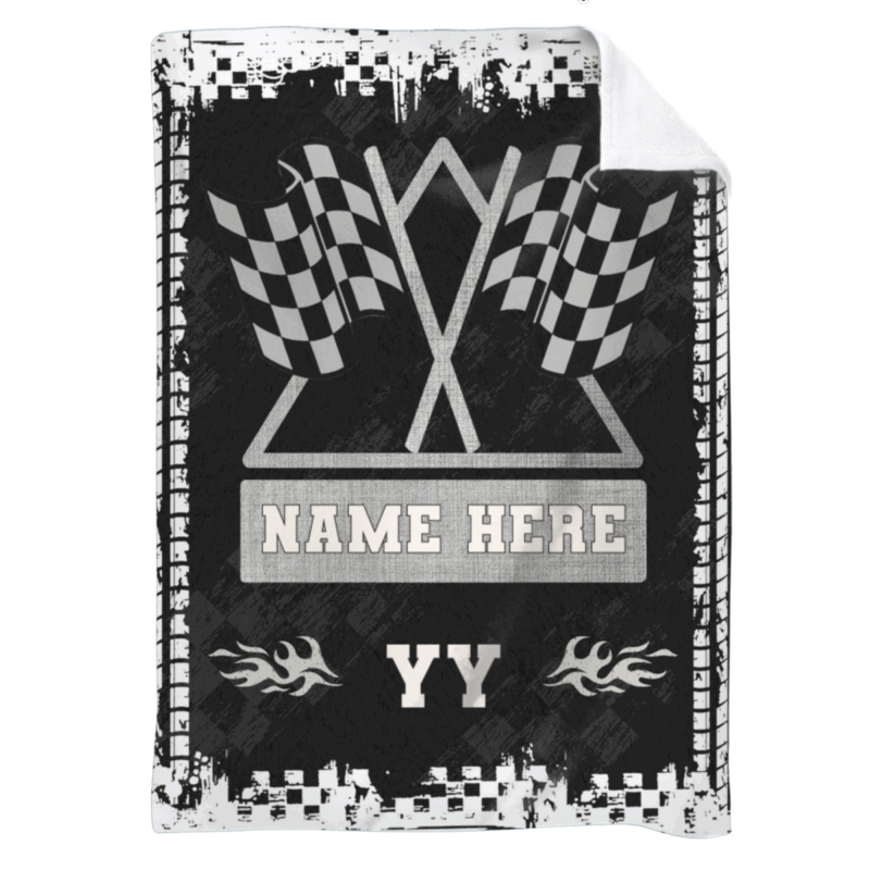 Personalized racing blanket with custom name and checkered flag design – racing gift for boys, dad, or boyfriend.