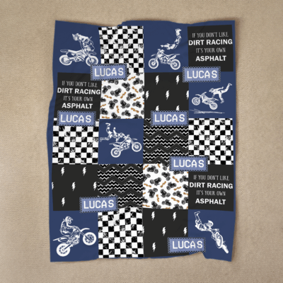 Personalized dirt bike racing blanket with custom name – motocross blanket for men and dirt bike room décor gift.