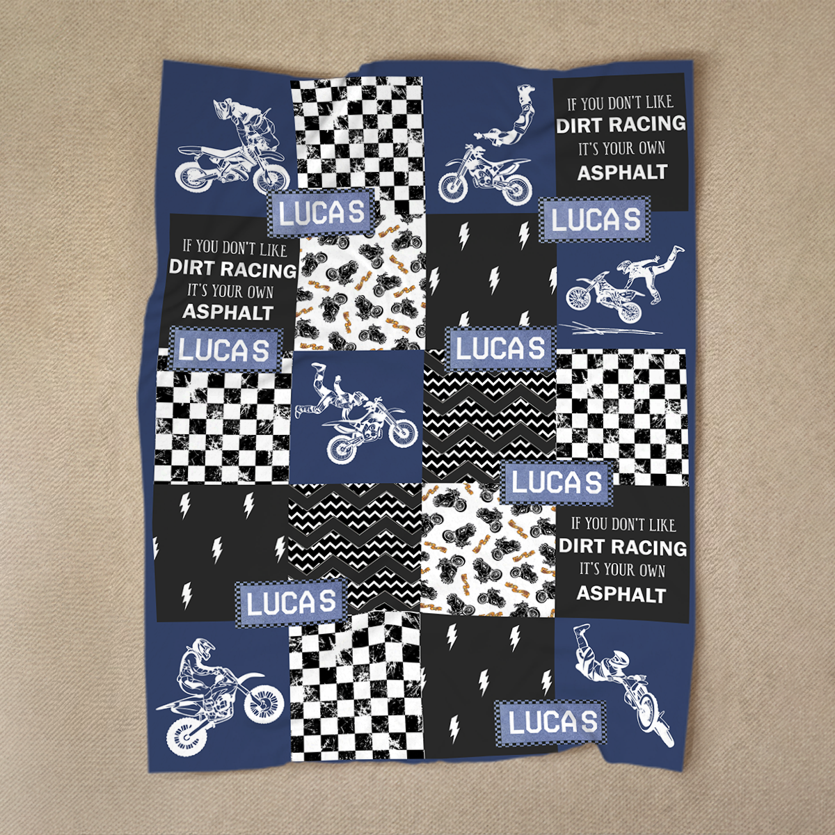 Personalized dirt bike racing blanket with custom name – motocross blanket for men and dirt bike room décor gift.