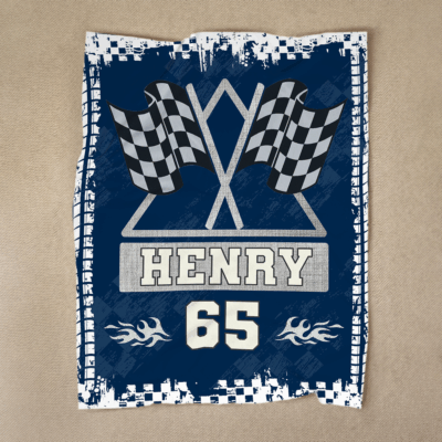Personalized racing blanket with custom name and checkered flag design – racing gift for boys, dad, or boyfriend.