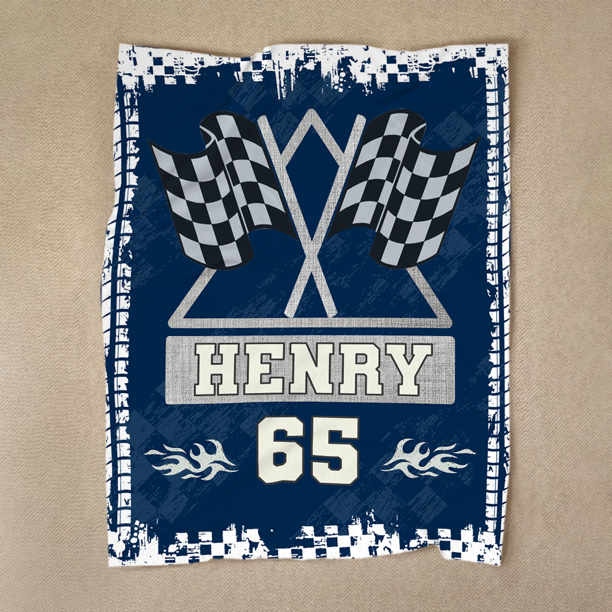 Personalized racing blanket with custom name and checkered flag design – racing gift for boys, dad, or boyfriend.