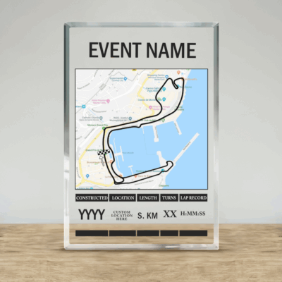 Personalized racing track acrylic plaque with custom circuit map – motorsport desk décor and keepsake gift for racing fans.
