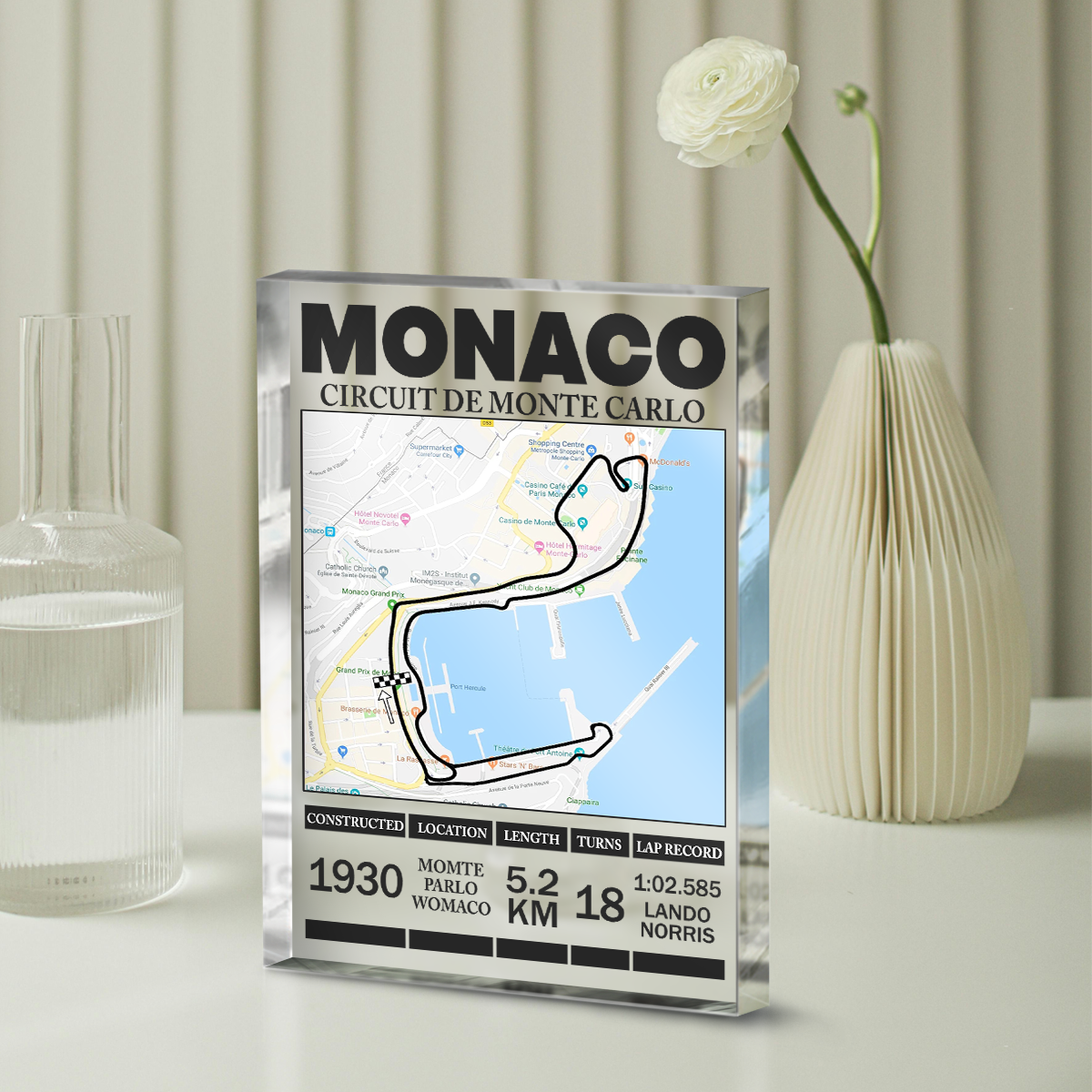 Personalized racing track acrylic plaque with custom circuit map – motorsport desk décor and keepsake gift for racing fans.