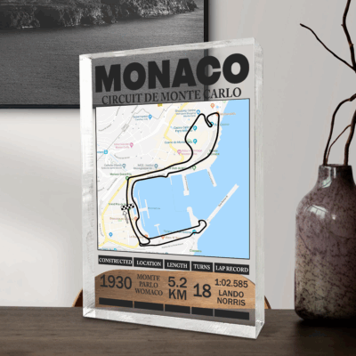 Personalized racing track acrylic plaque with custom circuit map – motorsport desk décor and keepsake gift for racing fans.