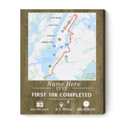 Personalized 10K run map canvas with custom race route – first 10K completion and running achievement gift for runners.