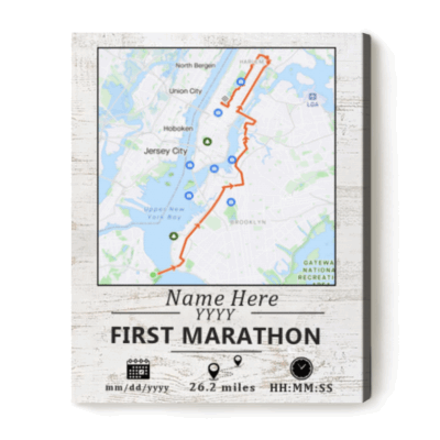 Custom first marathon achievement canvas with personalized 26.2 mile race route – marathon finisher running map gift.