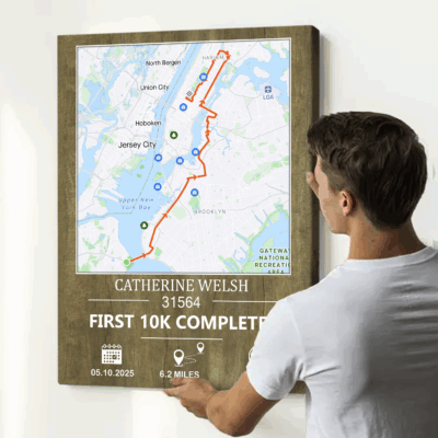 Personalized 10K run map canvas with custom race route – first 10K completion and running achievement gift for runners.