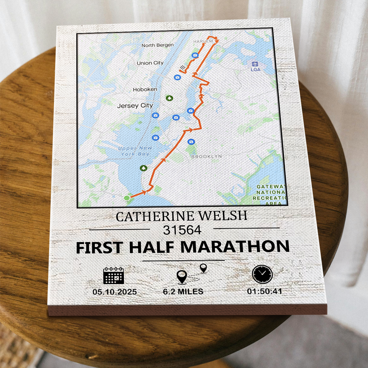 Custom half marathon achievement print with personalized race route – 13.1 mile running milestone and first half marathon keepsake gift.